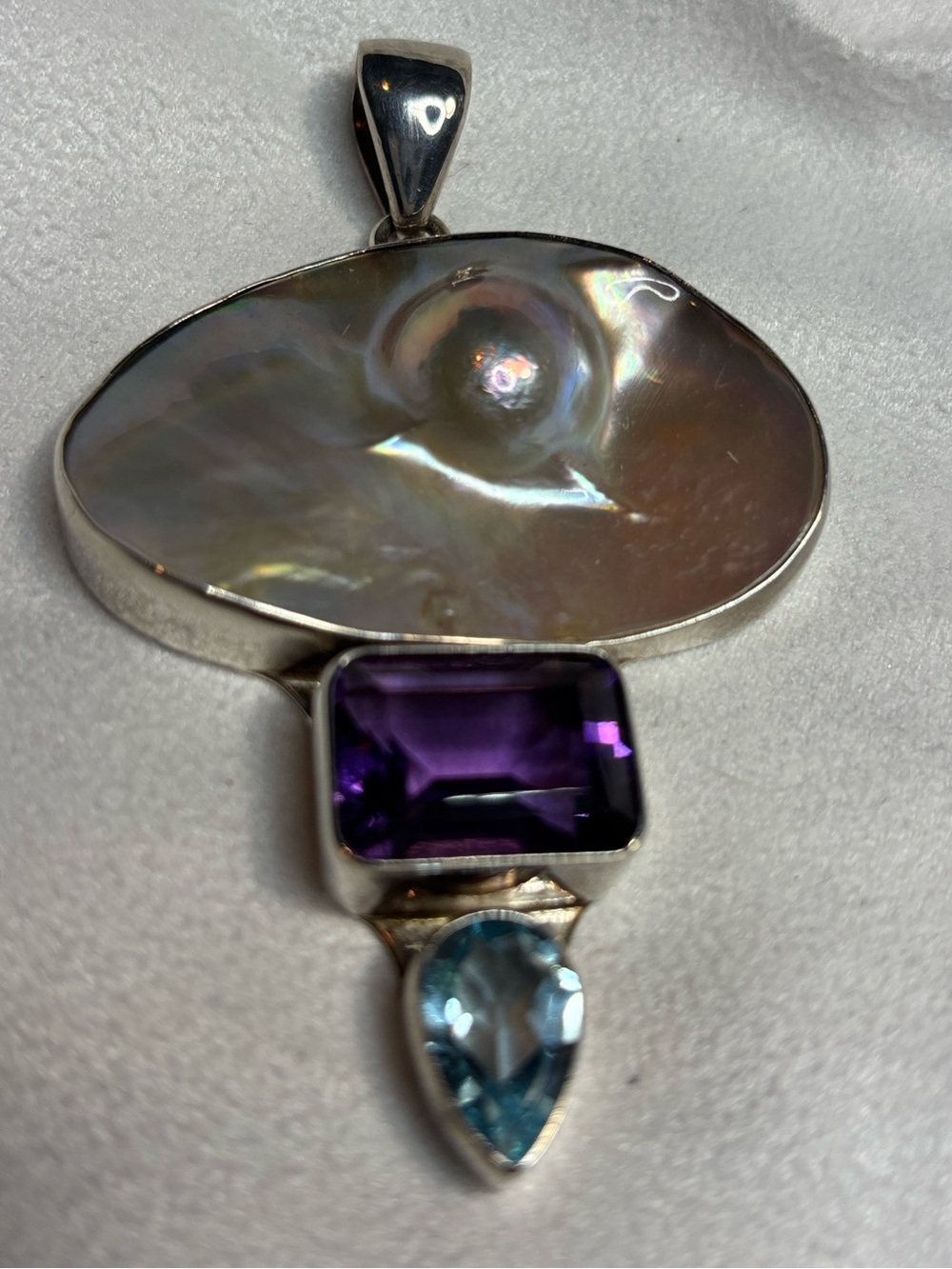 Charles Albert Abalone, Amethyst & Blue Topaz Pendant - Iridescent